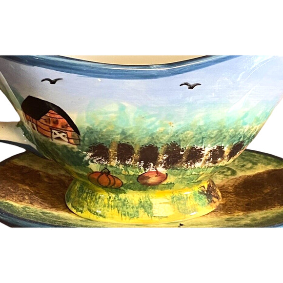 Vintage Pottery gravy‎ Boat Ceramic Autumn Fall Pumpkin Patch Farm - Picture 2 of 4
